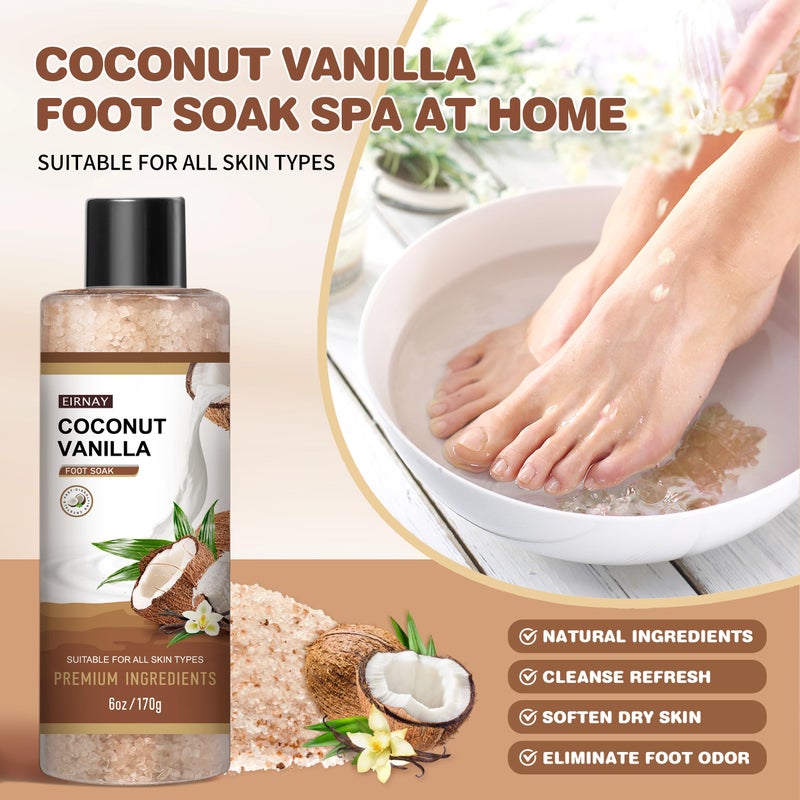 Eirnay Coconut & Vanilla Foot Soak Set - Salts, Foot File, Scrub & Urea Cream Pedicure Supplies For Dry, Cracked Feet - Foot Spa Pedicure Kit For Women Men - Image 2